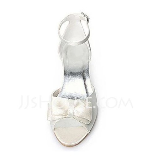 Women's Satin Peep Toe Kitten Heel Sandals with Bowknot, Ivory, size 35 (6 US)